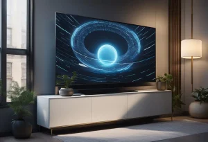 A sleek, futuristic television set with a borderless, ultra-thin display hanging on a wall. The screen shows vibrant, lifelike images with stunning clarity and detail