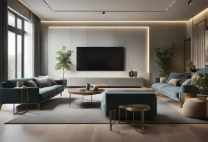 A sleek, modern living room with a wall-mounted television displaying a high-resolution screen. The room is tastefully decorated with comfortable furniture and ambient lighting