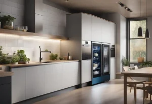 Futuristic dishwasher displaying various wash programs and options