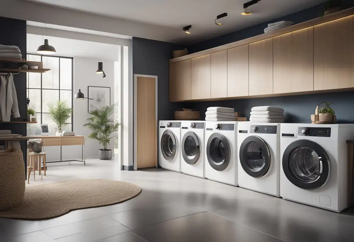 Modern laundry room with advanced washing machines, digital control panels, energy-efficient features