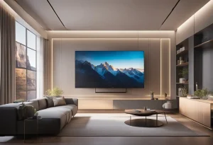 Ultra-thin TV hangs on the wall, surrounded by futuristic technology. The screen displays crystal-clear images, while the room is bathed in soft, ambient lighting