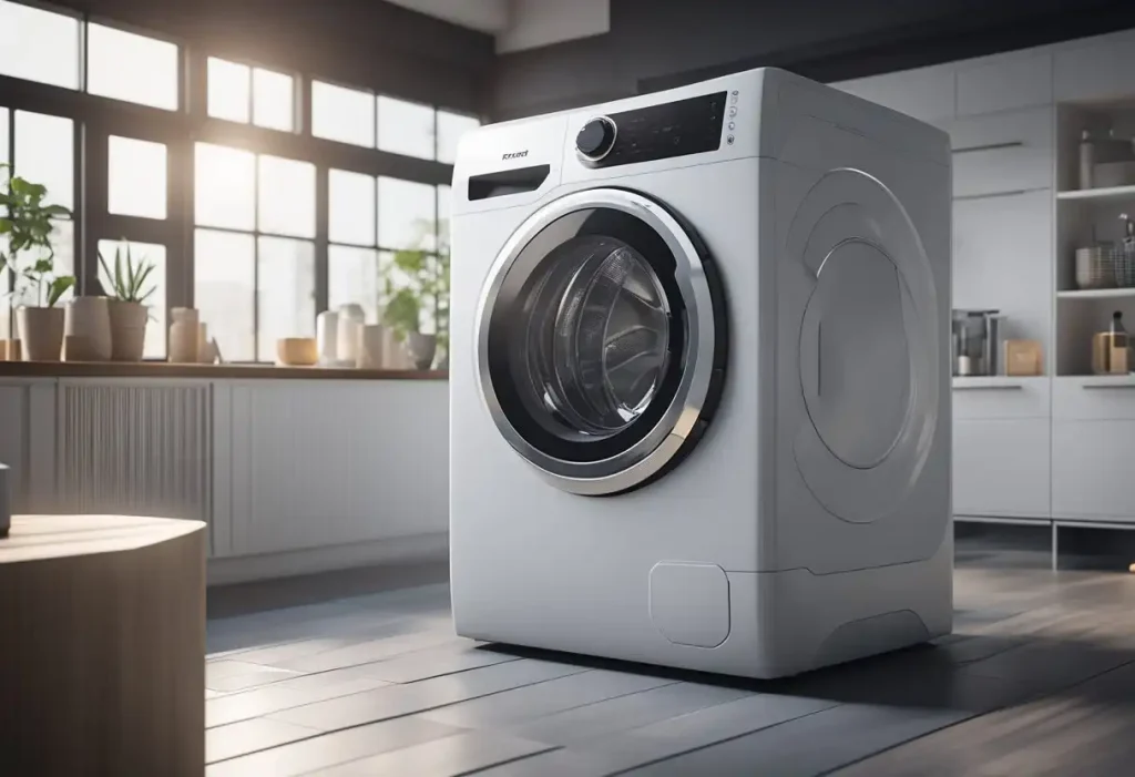 Washing machine with clear capacity and volume indicators, surrounded by futuristic technology and sleek design elements