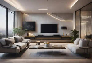 wall-mounted television displaying a futuristic user interface. The integrated audio system complements the high-tech ambiance