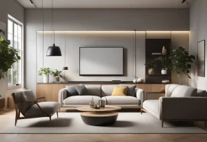 wall-mounted television displaying a variety of high-definition content. The room is well-lit with natural light and features minimalist decor and comfortable seating